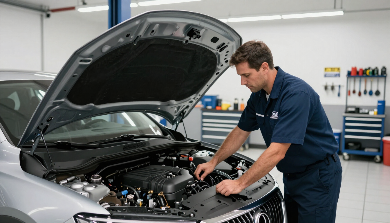ASE certified technician performing a fall car maintenance inspection in Morristown NJ.