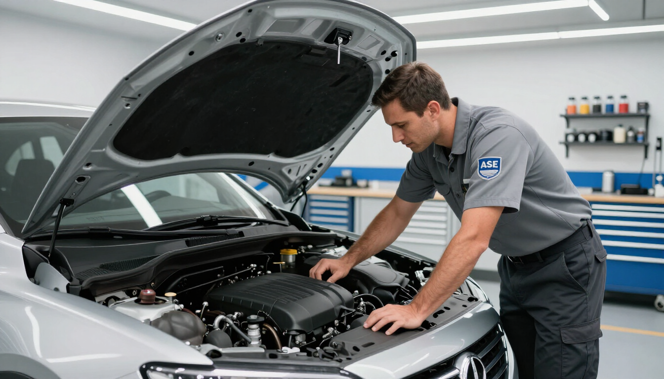 ASE certified technician inspecting engine