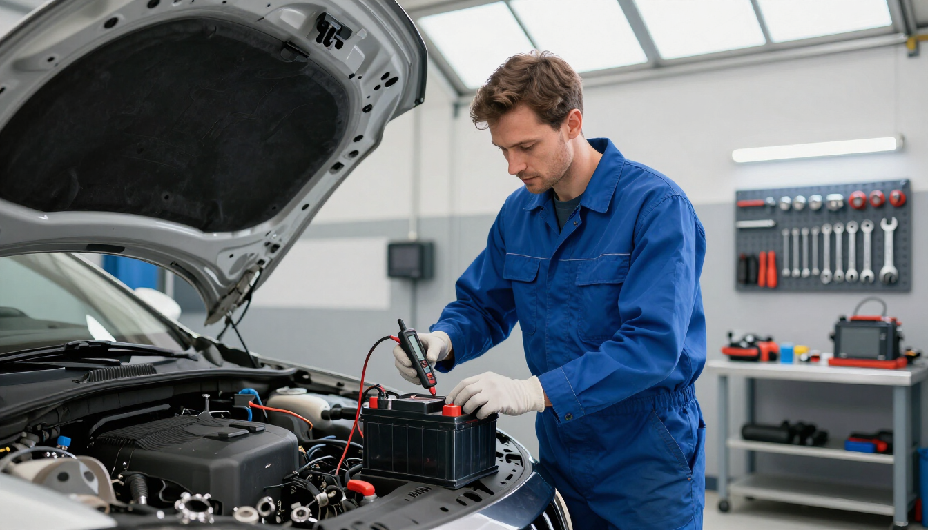 Technician testing car battery health