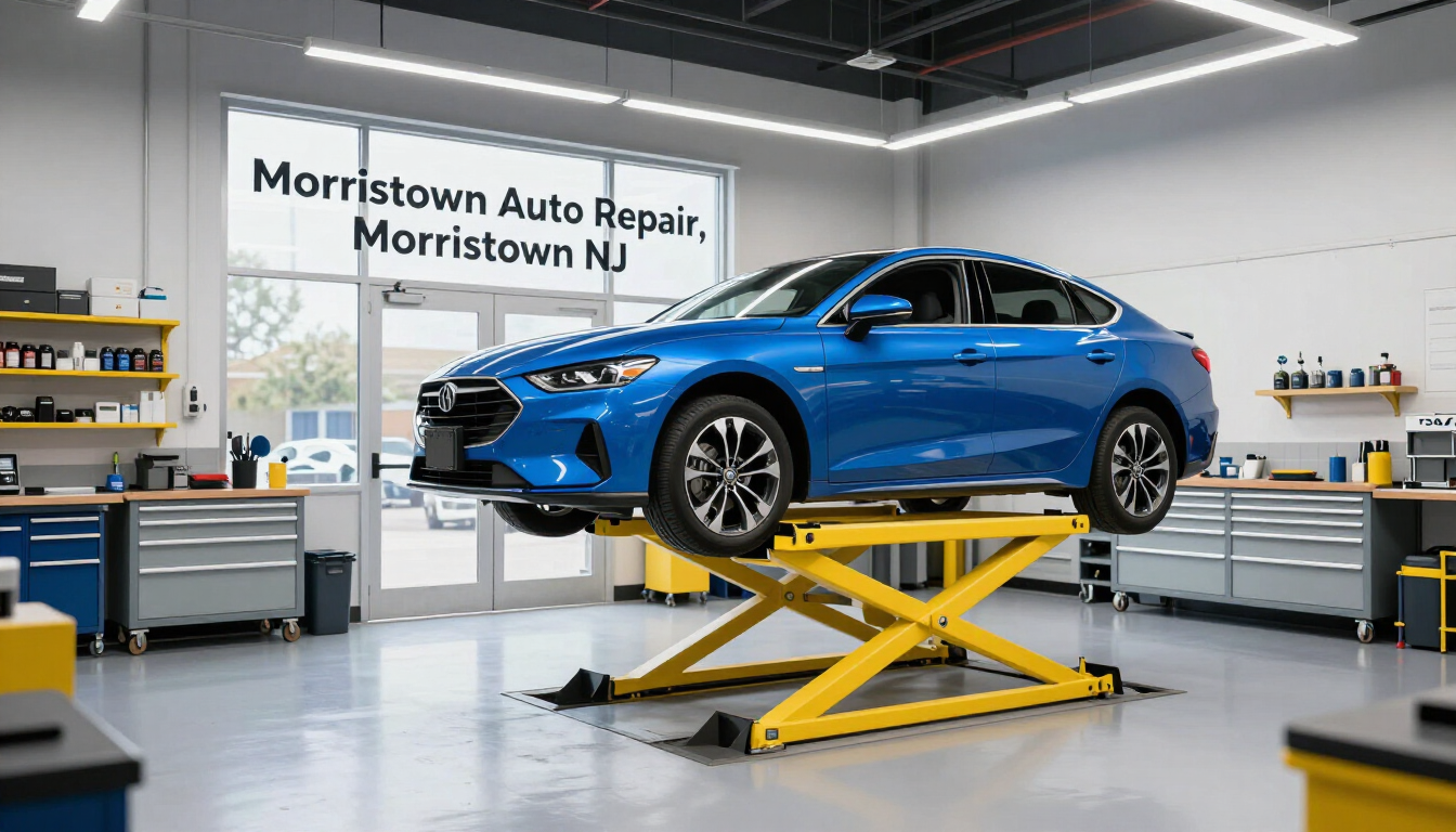 Modern vehicle on a professional lift in a Morristown NJ auto repair shop