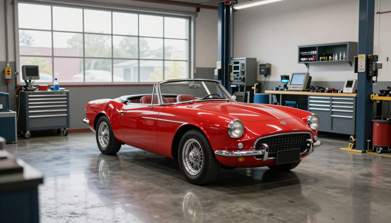 Classic car in a clean Morristown shop bay for fall maintenance.