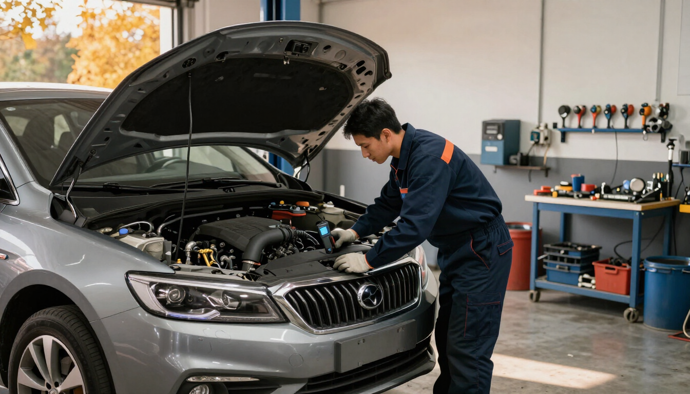 Technician checking a car heater in a clean Morristown auto repair shop