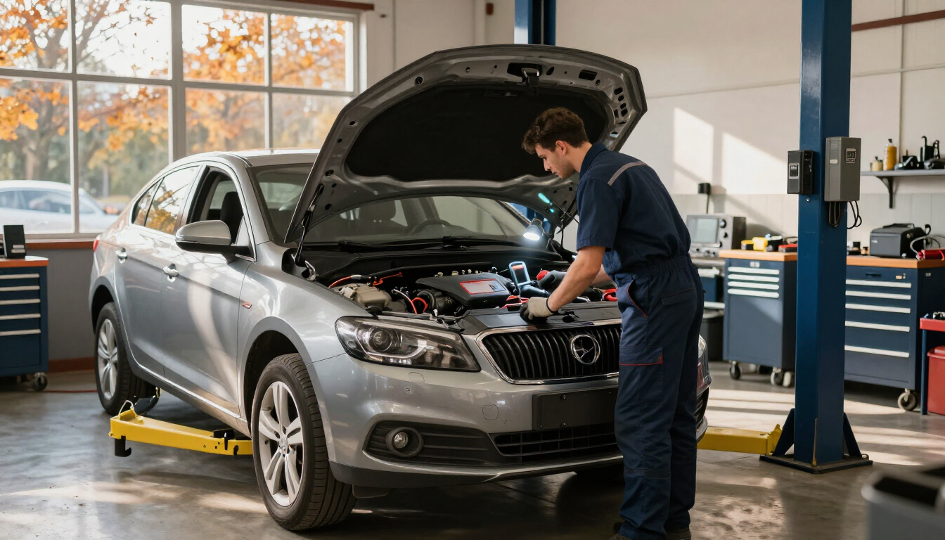 Clean auto repair shop bay with a technician inspecting a vehicle heater
