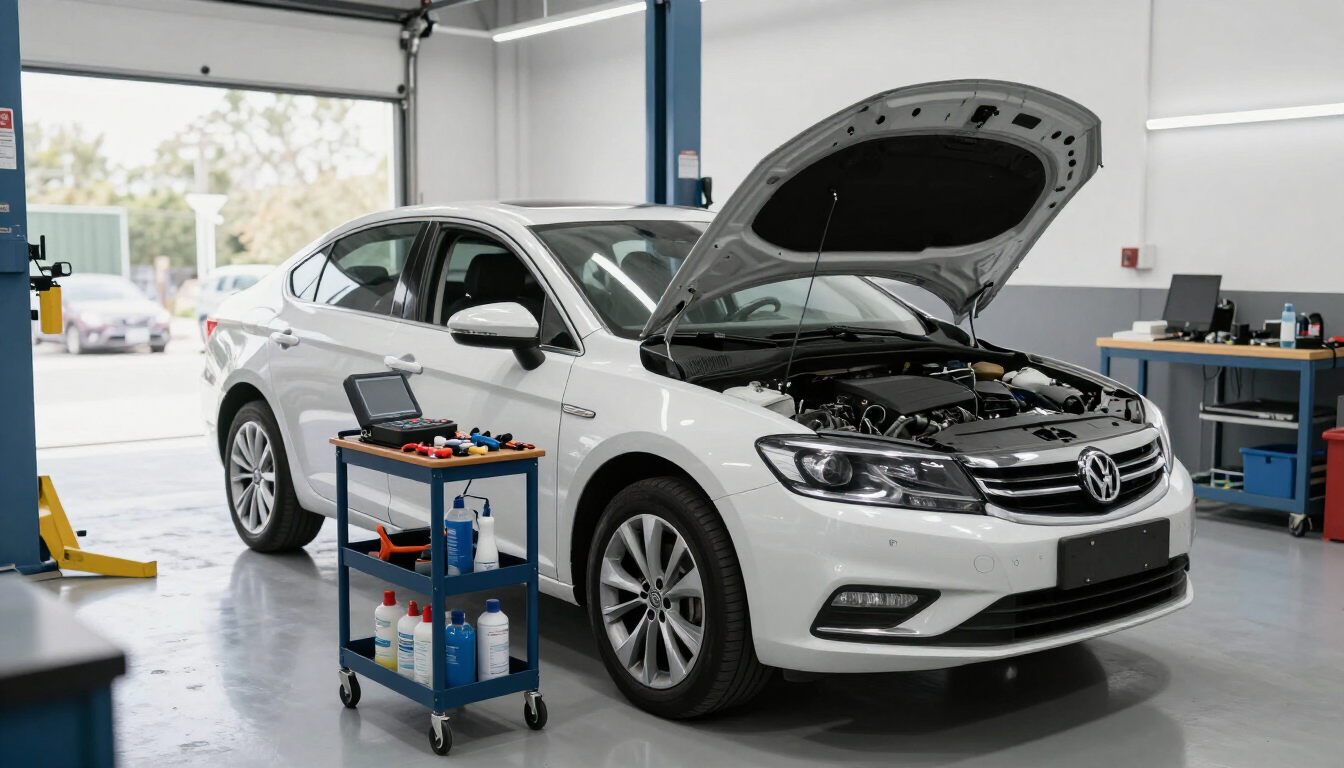 Clean automotive service bay prepared for a vehicle heating inspection