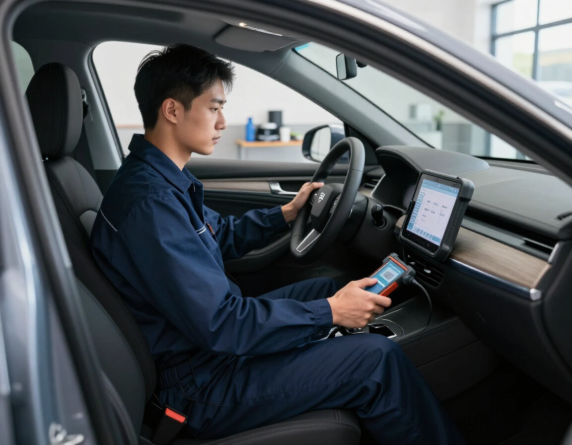 Technician using a diagnostic scan tool inside a vehicle at a clean repair shop