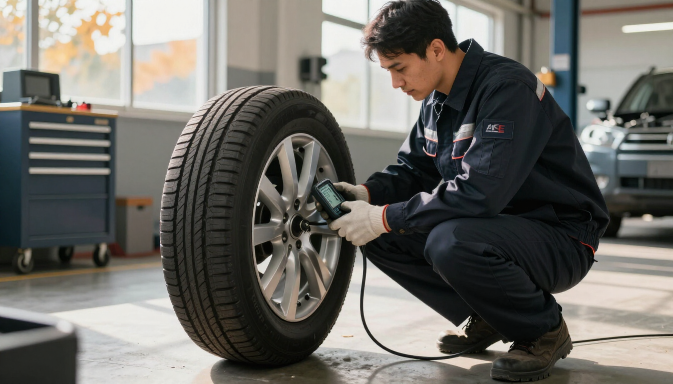 Technician checking tire pressure in a clean bay