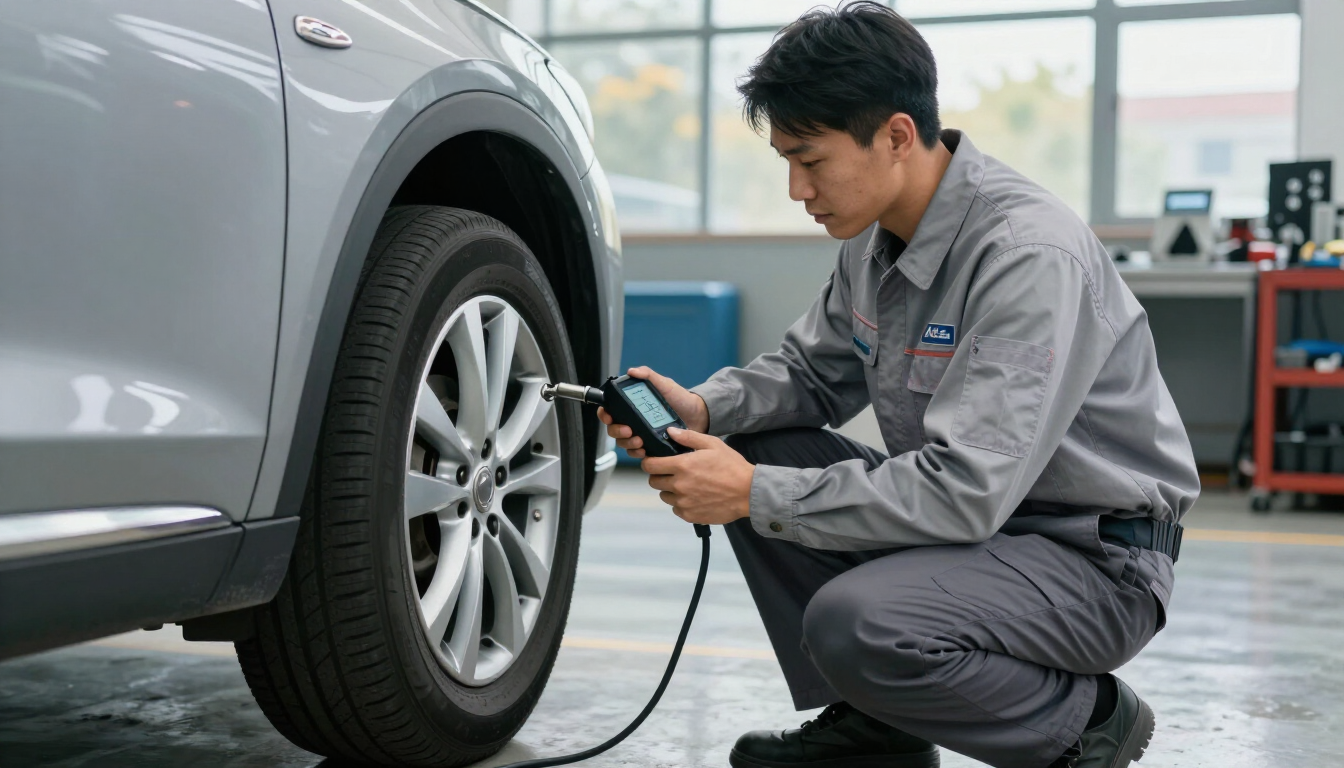 ASE-certified technician checking tire pressure light concerns in a clean bay