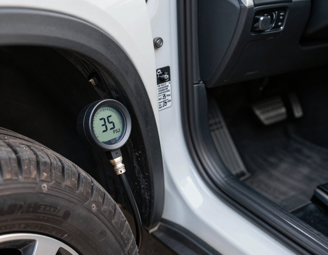 Digital tire gauge against a vehicle door-jamb pressure specification