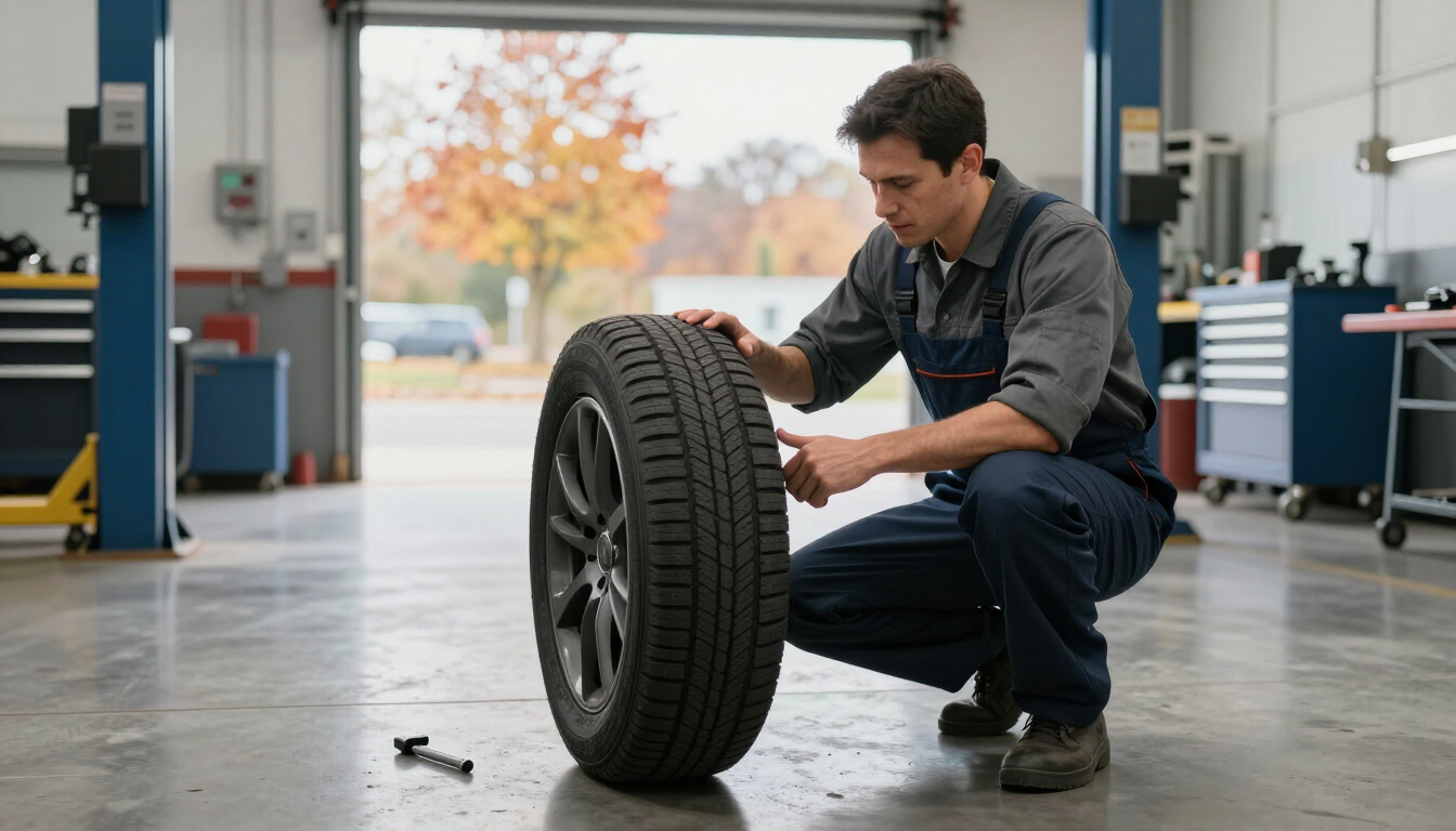 Technician inspecting a tire tread and sidewall in a clean automotive service bay