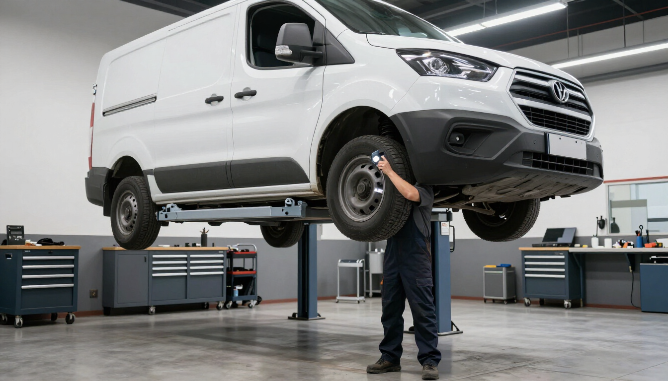 Work van on a lift in a clean Morristown repair bay