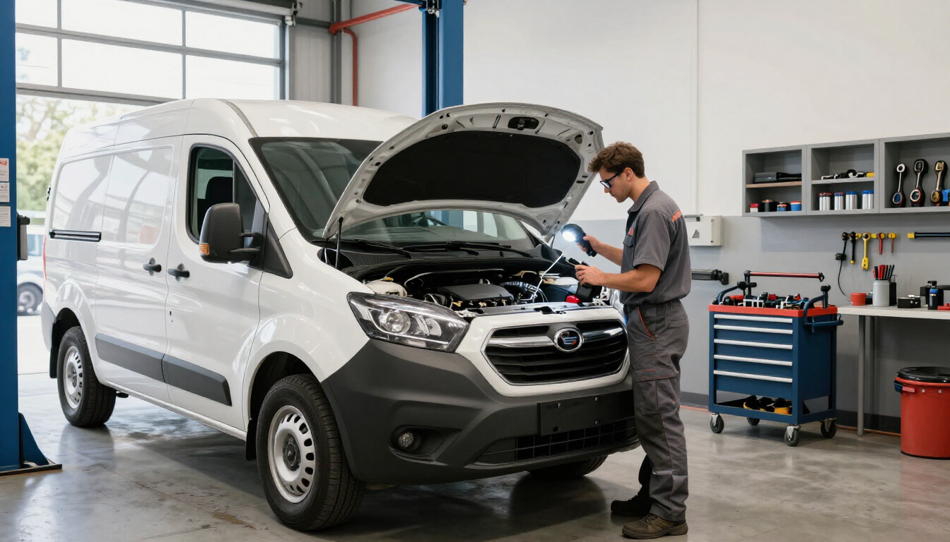 Work van being inspected in a clean repair bay