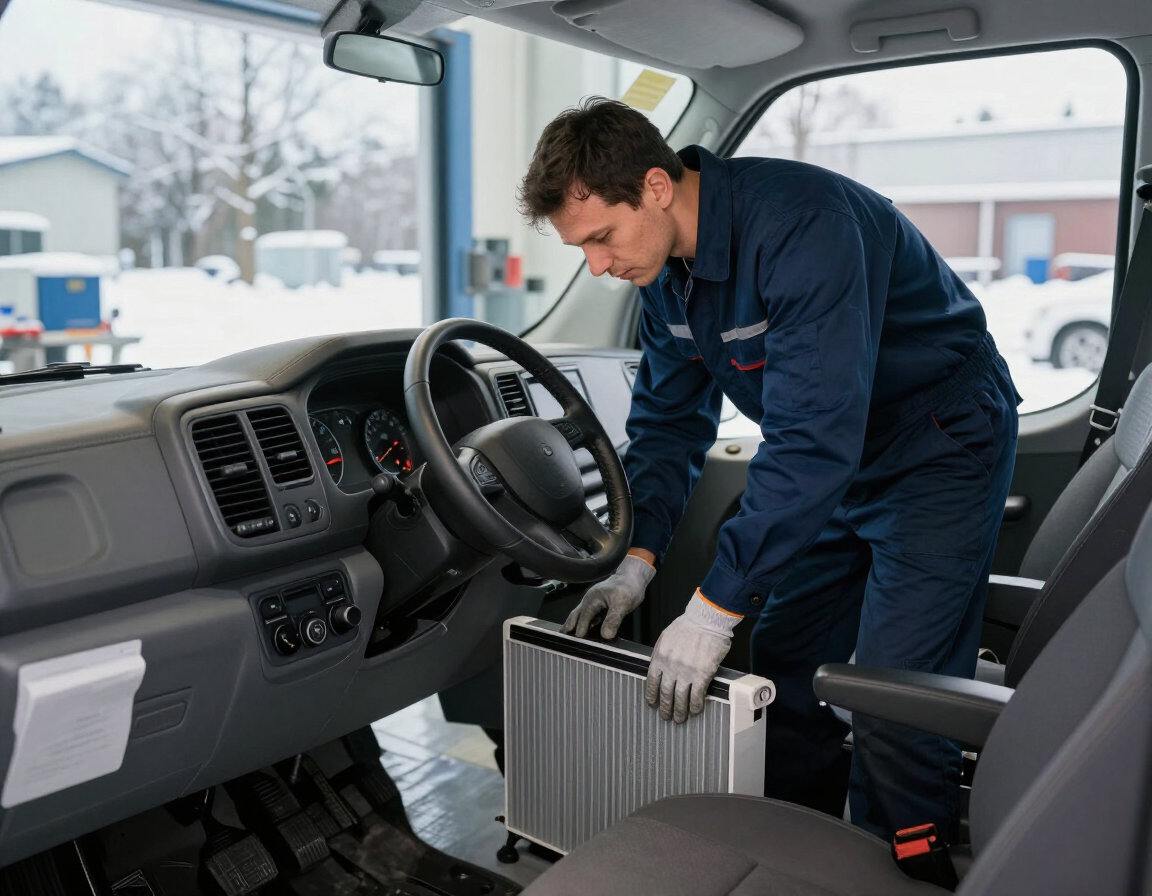 Technician checking a van’s heating and electrical systems