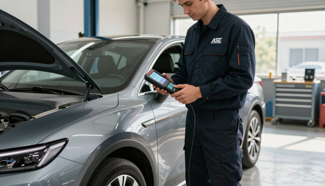 Technician checking a hybrid vehicle in cold weather