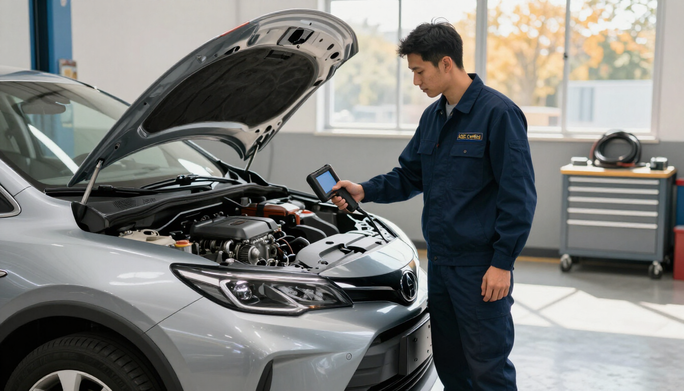 Technician checking a hybrid vehicle in cold weather