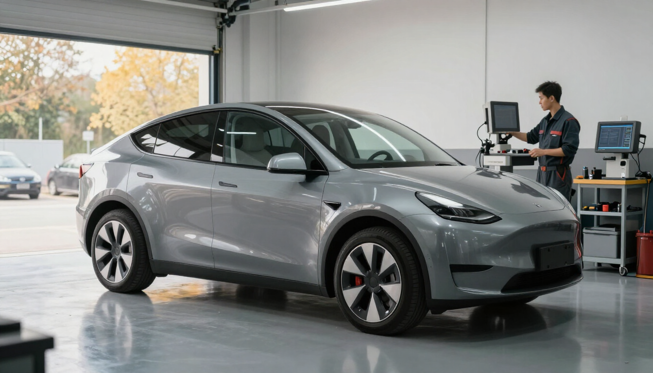 Hybrid vehicle receiving professional service in a clean garage