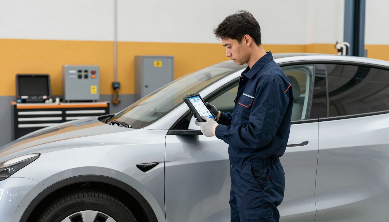 Automotive technician reviewing hybrid diagnostic information