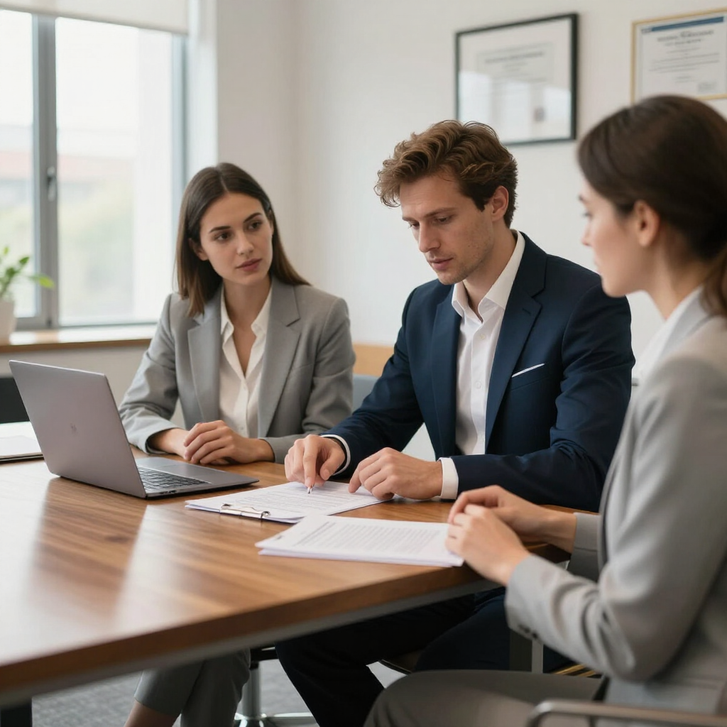 Three professionals in suits sit at a wooden table in an office, reviewing documents and working on a laptop.