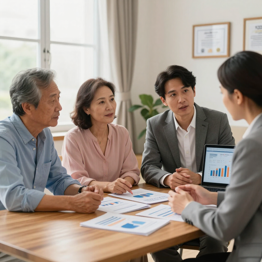 A professional meeting where three people review financial charts on a table with an advisor using a laptop.