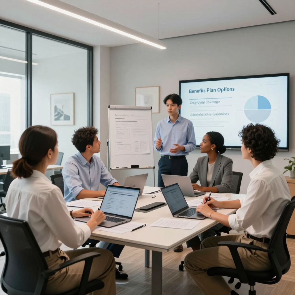 A professional meeting in a bright office where a presenter stands by a screen showing a pie chart as colleagues listen.