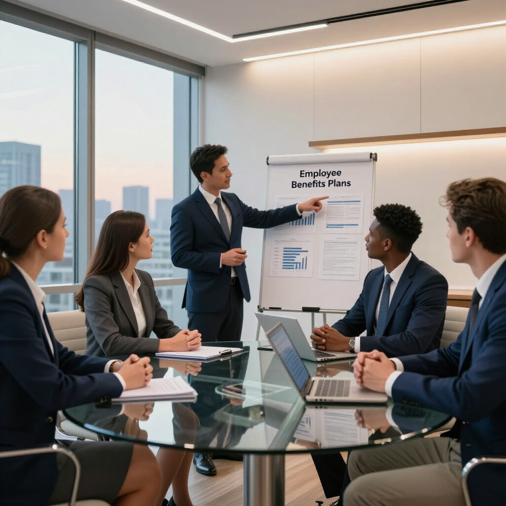 A business professional presents a strategy plan on a whiteboard to colleagues seated around a glass conference table.