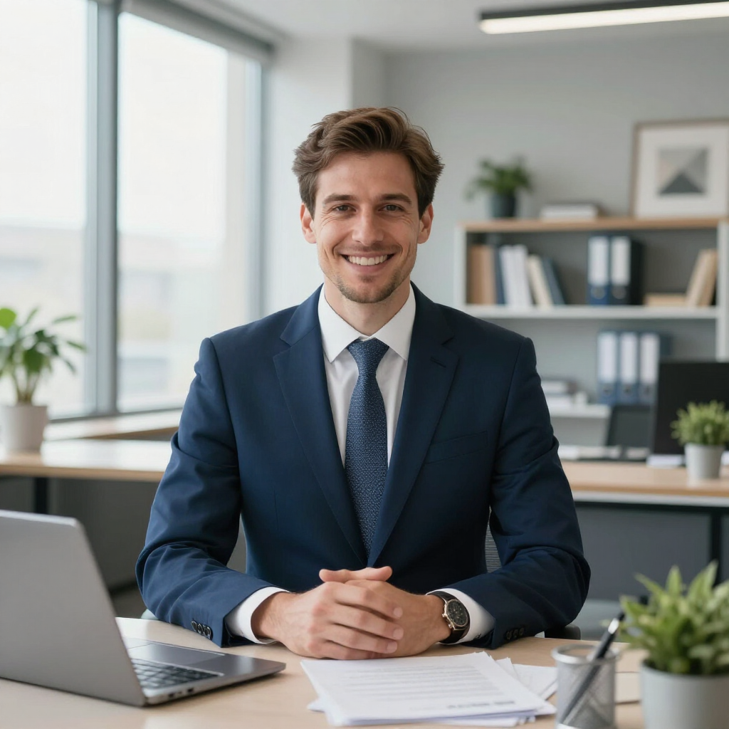 A professional smiling in a suit, sitting at a desk with a laptop and documents in a bright, modern office.