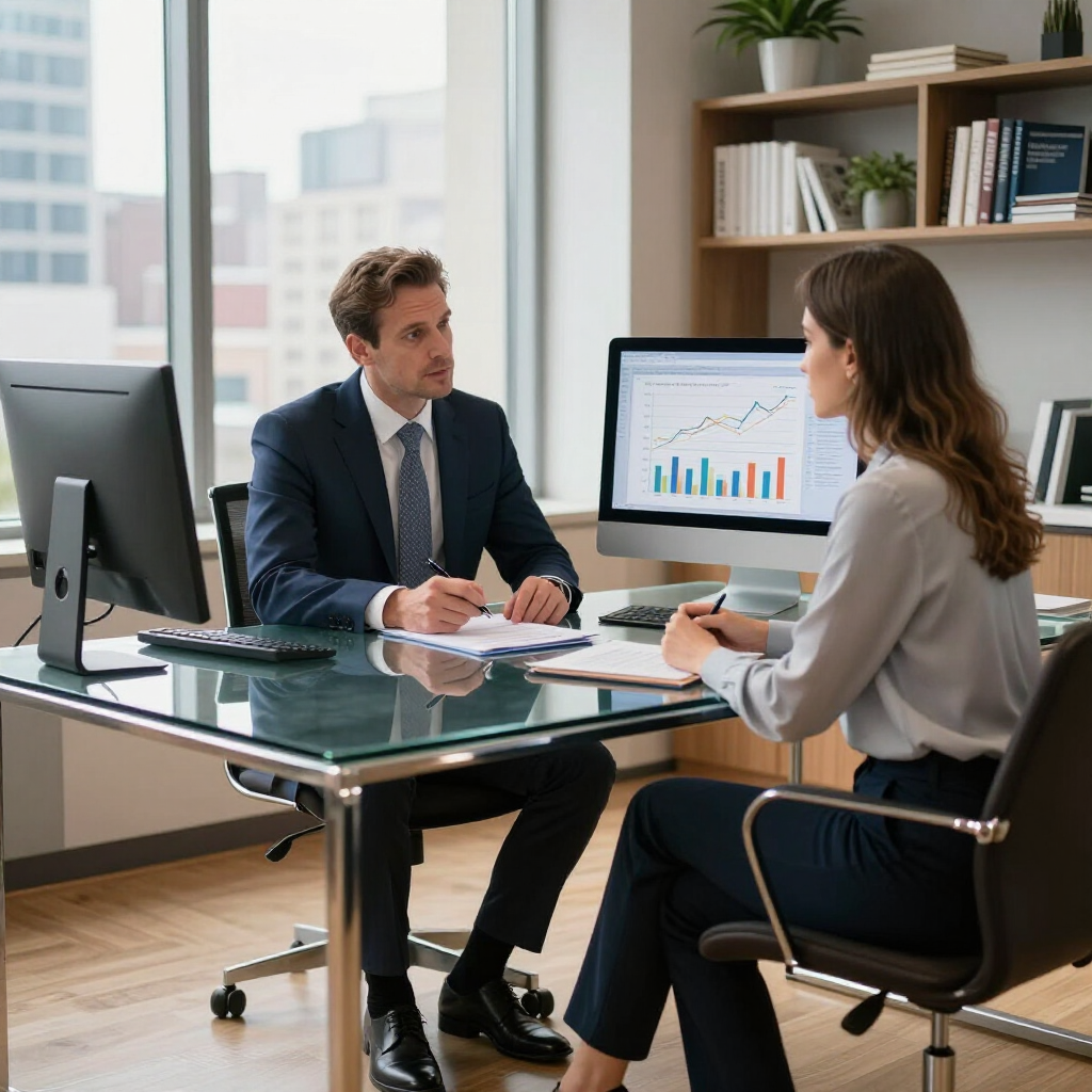 Two colleagues sitting at a glass desk in an office, reviewing business charts on a computer screen.