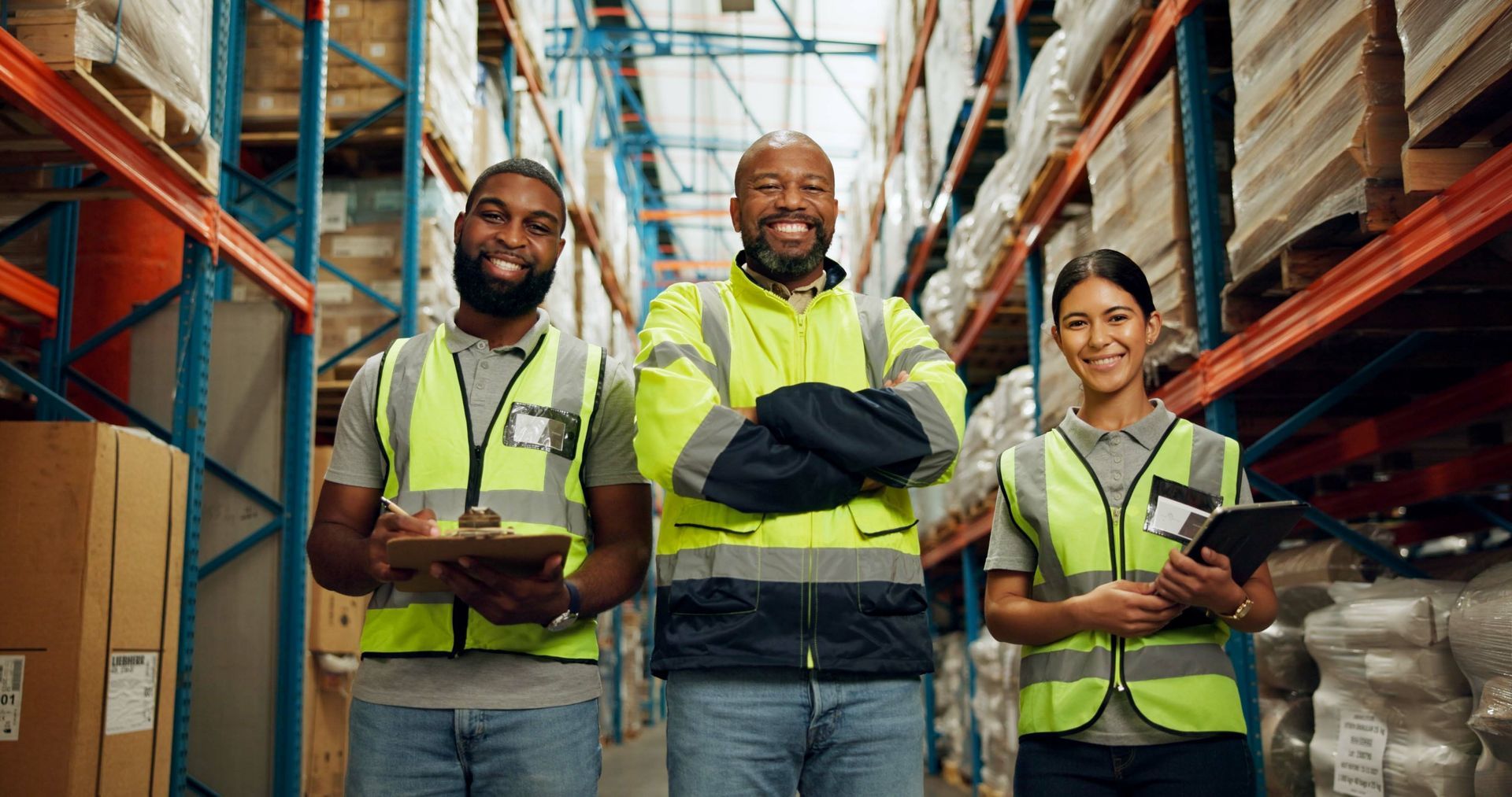 Three workers in high-visibility vests stand smiling in a large warehouse aisle lined with industrial storage shelves.