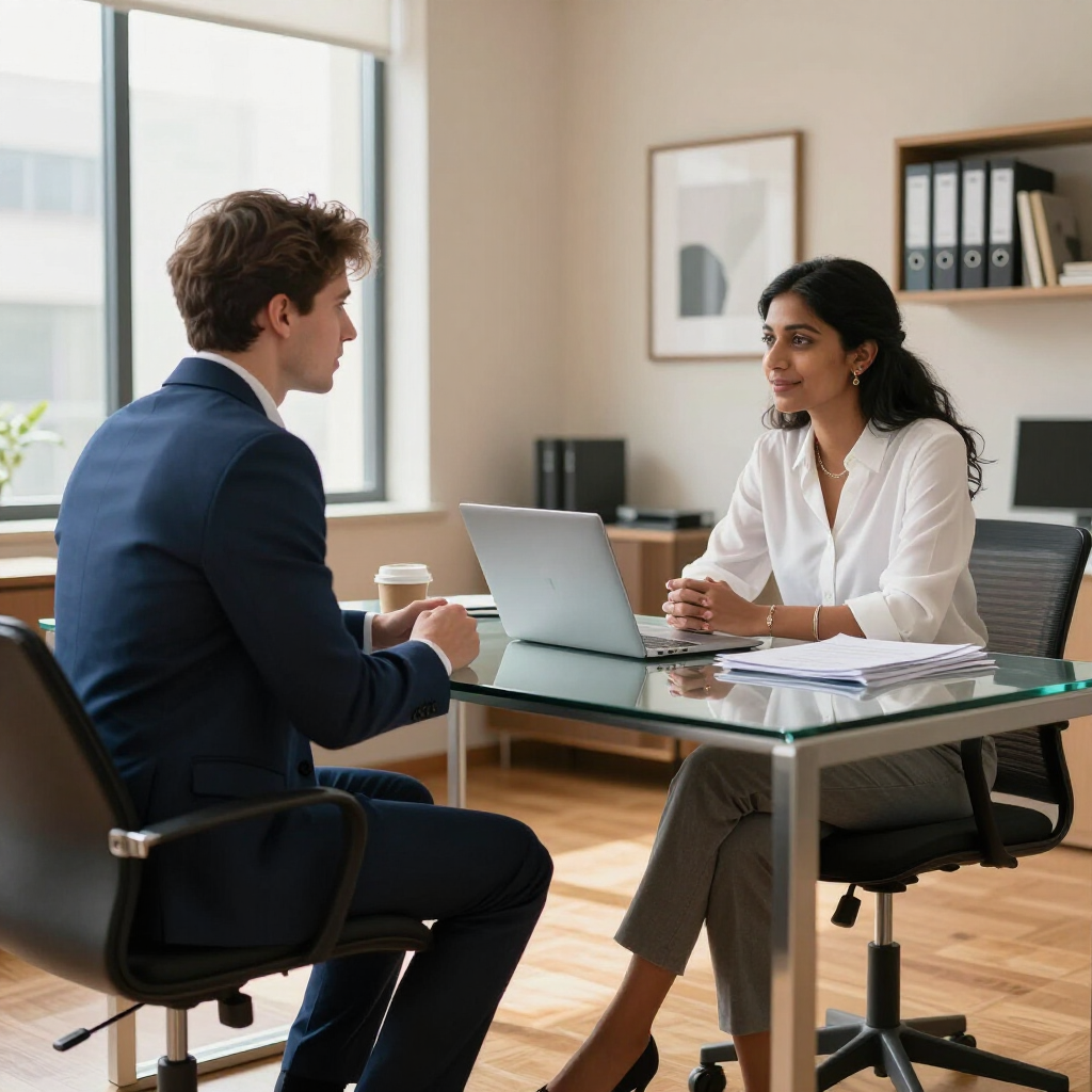 A professional meeting with two people sitting at a glass desk in an office with a laptop, documents, and a coffee cup.
