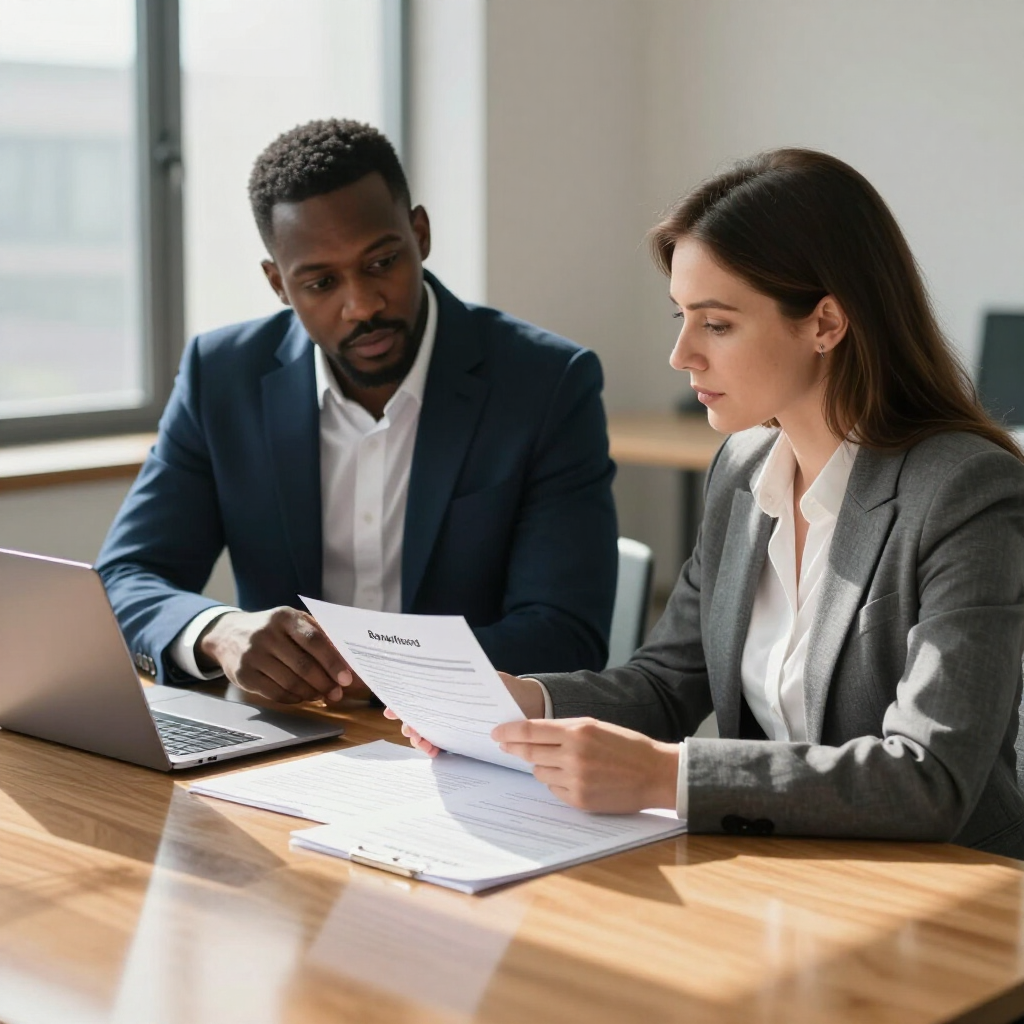 Two professionals in business attire review documents and a laptop at a wooden office desk.