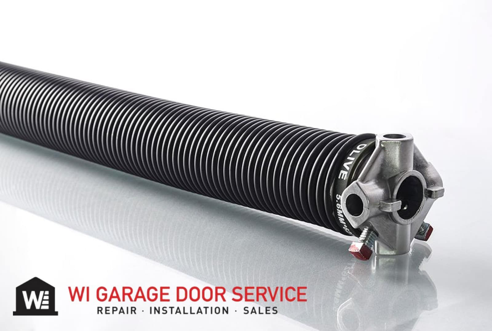 Garage door torsion spring with WI Garage Door Service logo and text on white background