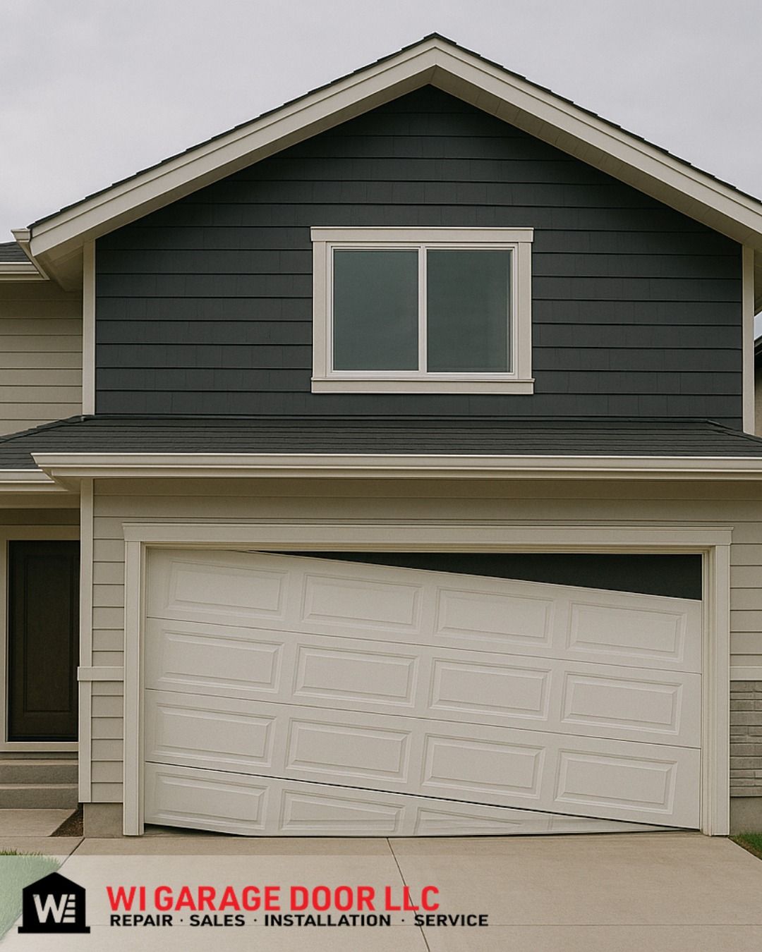 House with a white garage door that appears damaged and tilted upward.
