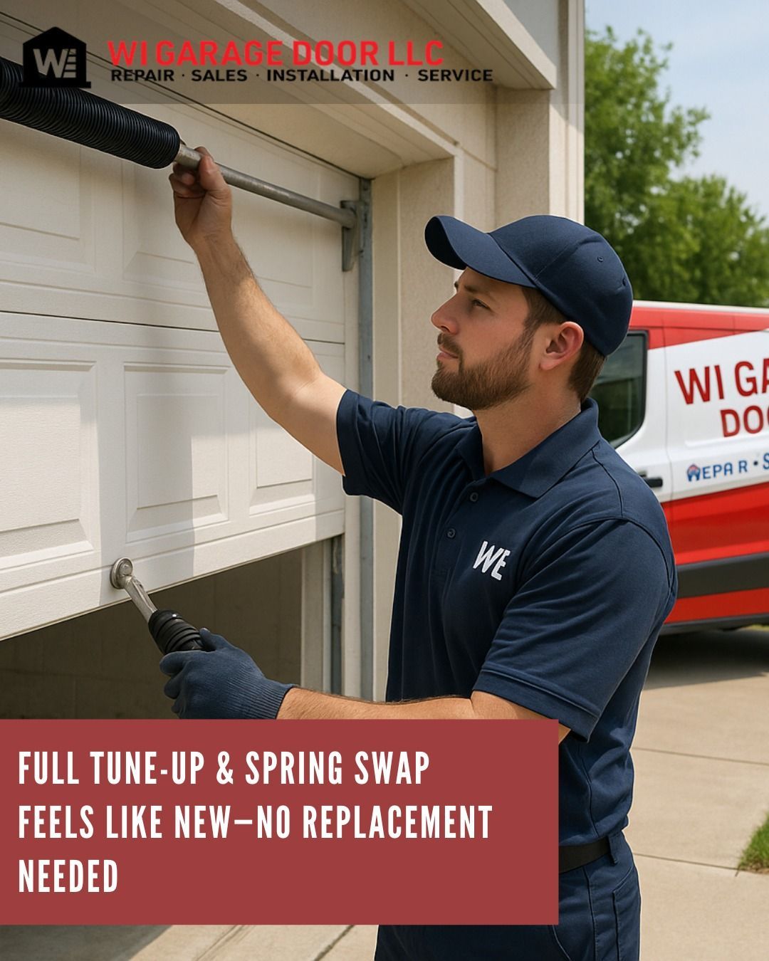 Technician cleaning a garage door with a brush beside a service van; text says full tune-up and spring swap.