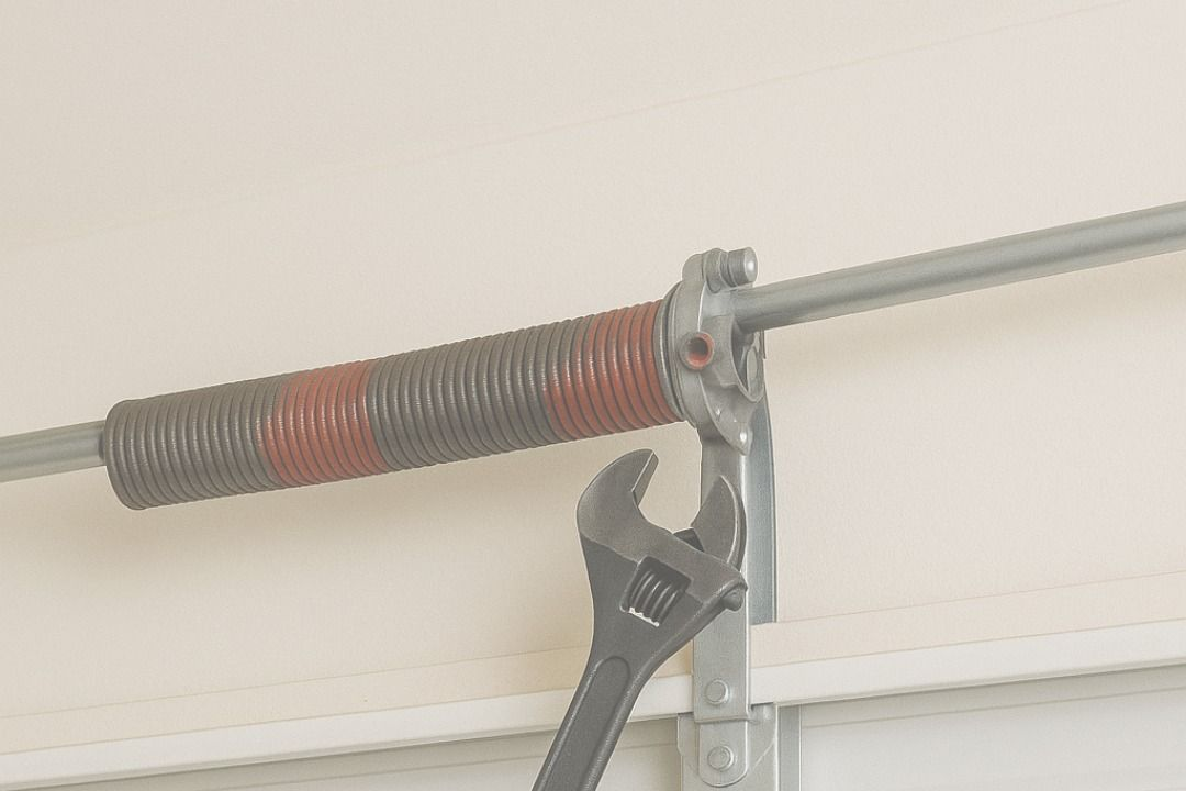 Close-up of a garage door torsion spring with a wrench adjusting the bracket