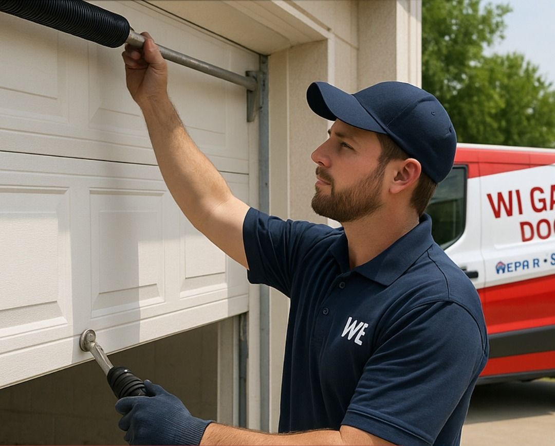 Worker cleaning a white garage door with a brush, wearing a navy cap and gloves, near a service truck