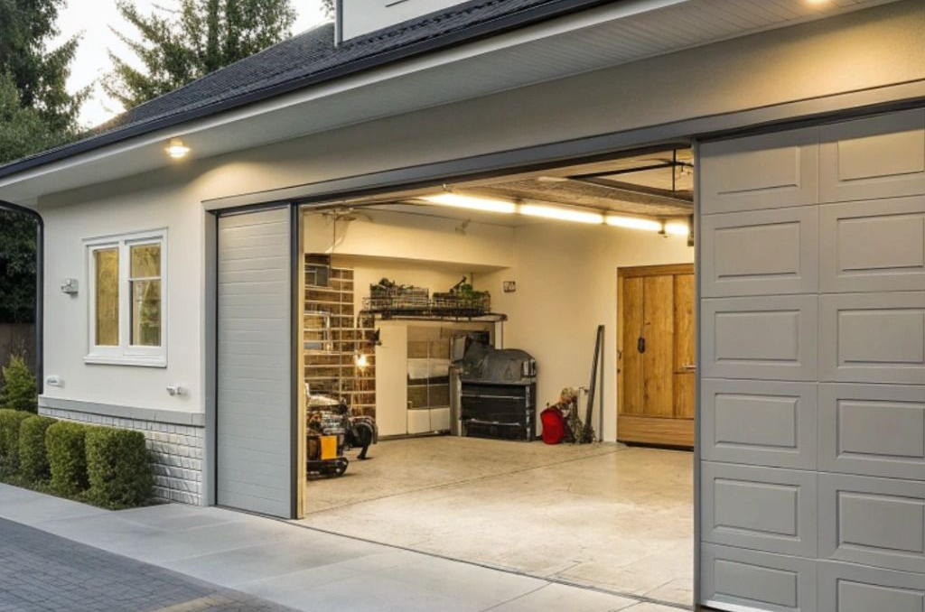 Open garage with a car, shelves, tools, and cabinets in a modern home driveway