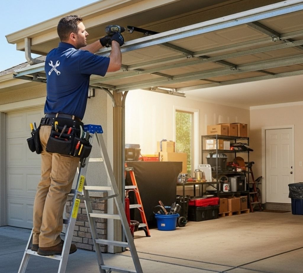 Man on a ladder installing a garage door opener in a home garage
