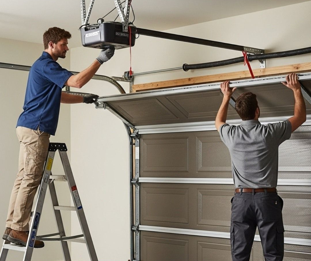 Two men installing a garage door, one on a ladder adjusting the opener track.