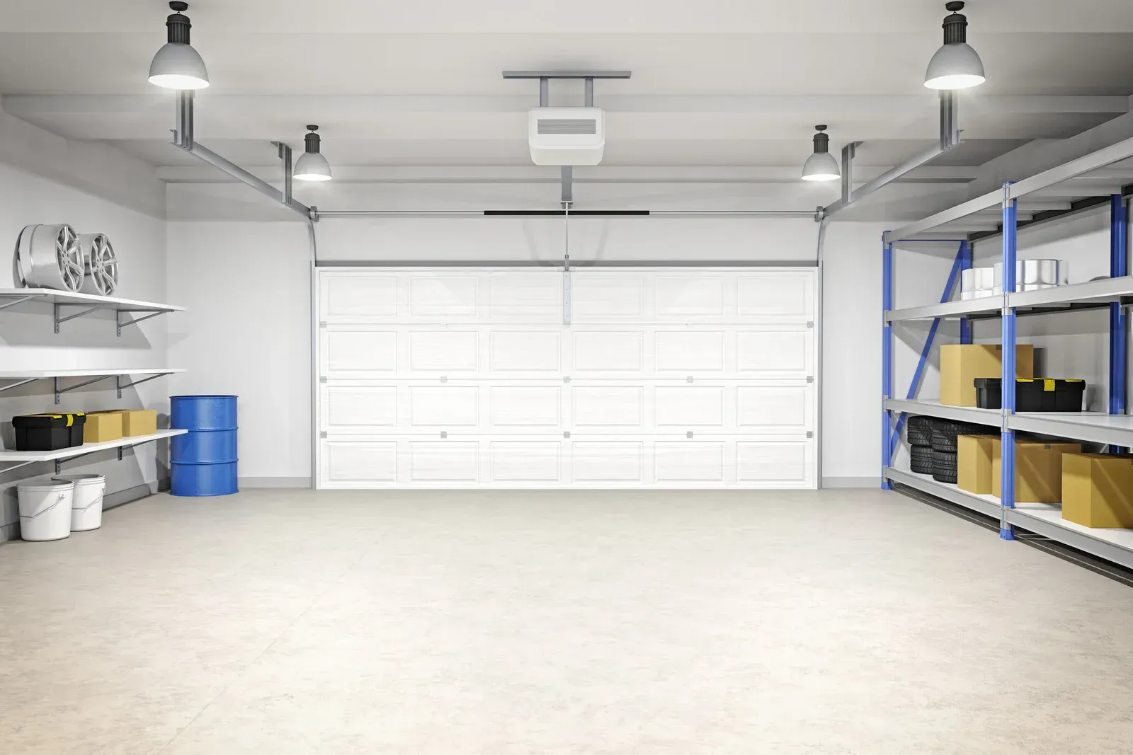 Bright empty garage with white walls, shelves, hanging lights, and a closed white door