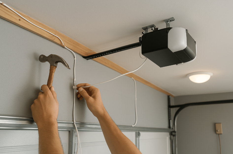 Hands using a hammer and screwdriver to work on a garage door opener rail.