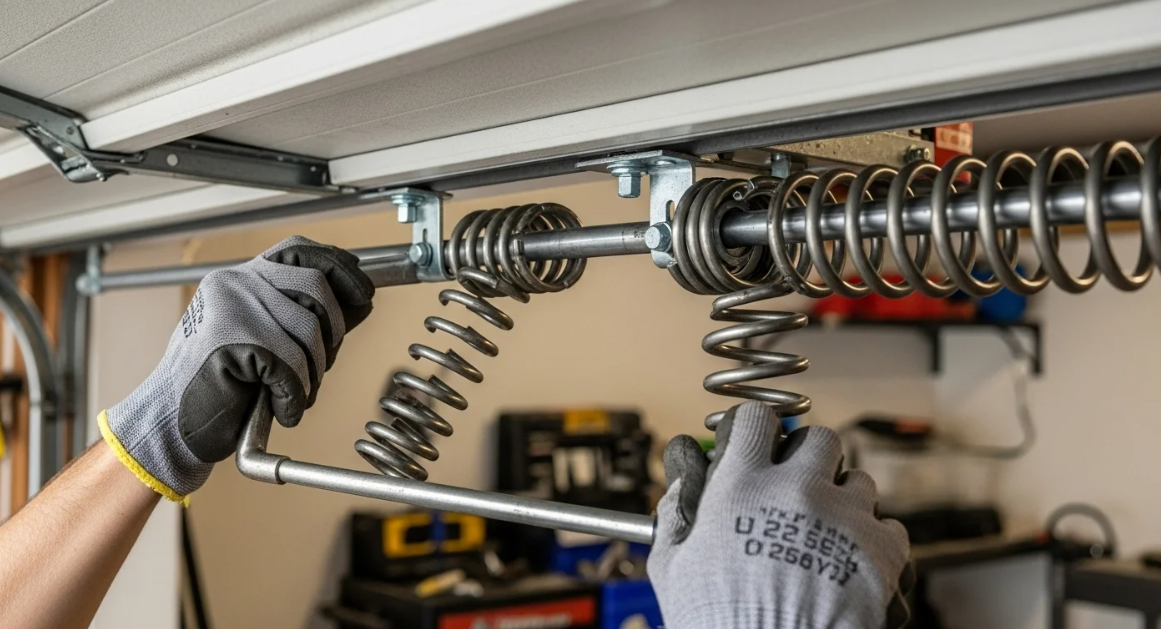 Gloved hands adjusting a coiled garage door spring on a metal track