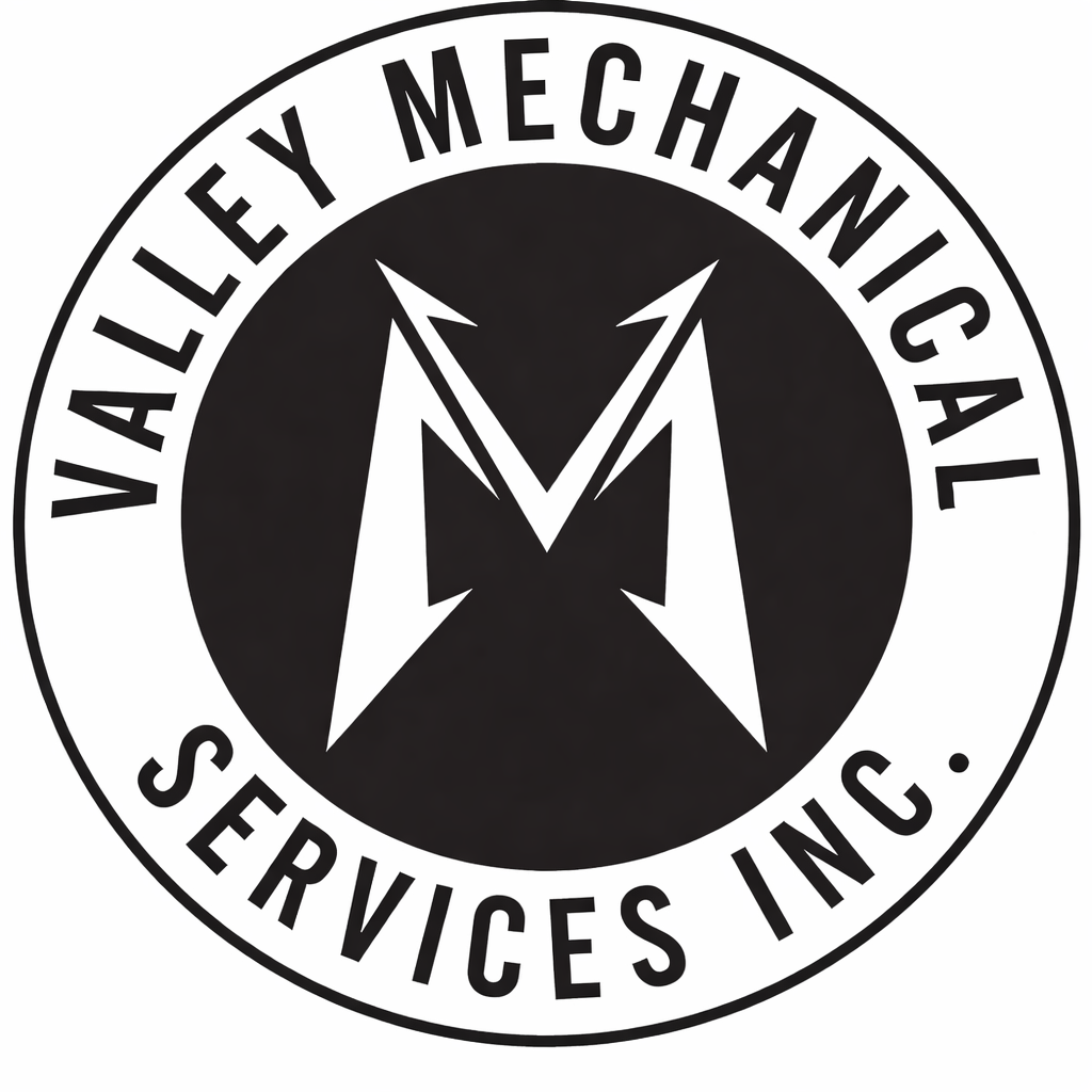 Black and white logo for Valley Mechanical Services Inc. featuring a stylized letter M inside a circular border.