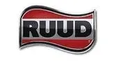 The Ruud brand logo, featuring bold black text on a metallic silver bar between two red, wavy, banner-like shapes.