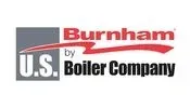 Logo for Burnham by U.S. Boiler Company, featuring red text above black text with a red graphic accent.