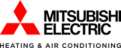 The Mitsubishi Electric Heating & Air Conditioning logo with its red three-diamond symbol and black text.