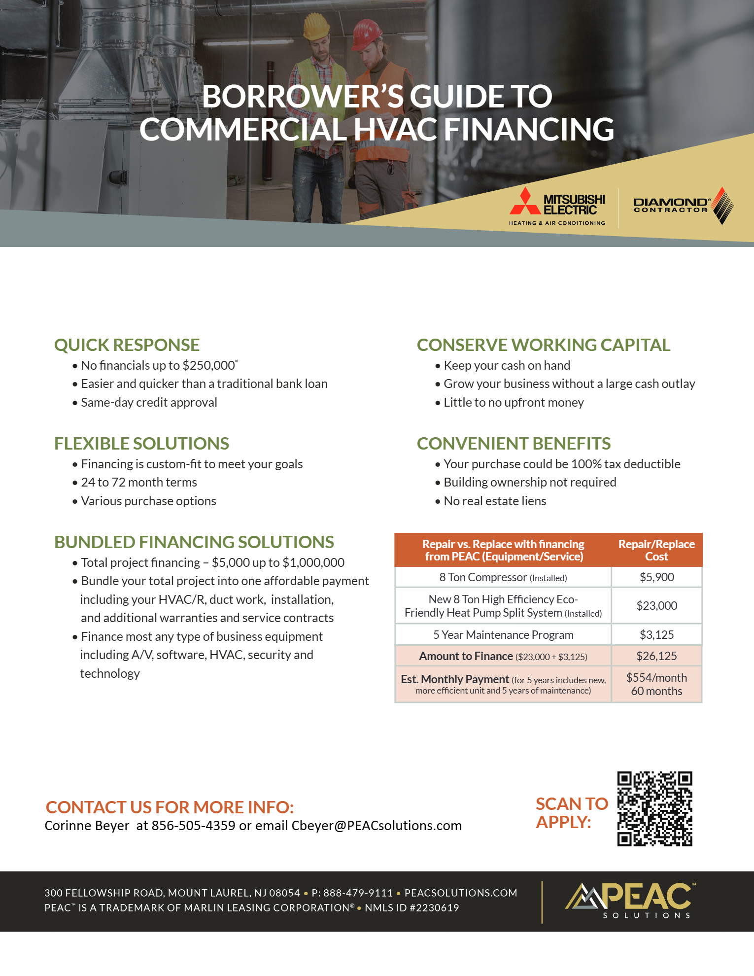Borrower’s Guide to Commercial HVAC Financing flyer showing benefits, bundled solution details, and contact information.