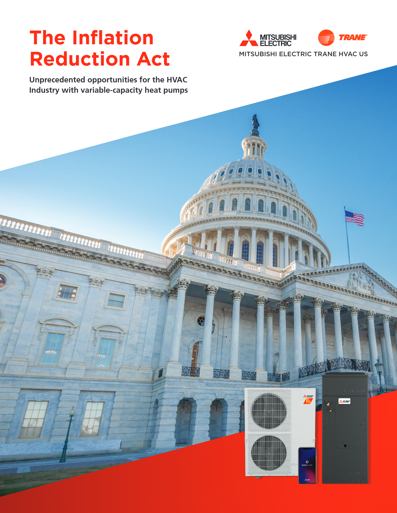 Promotional flyer about the Inflation Reduction Act featuring the US Capitol, HVAC units, and Mitsubishi Electric Trane logos.