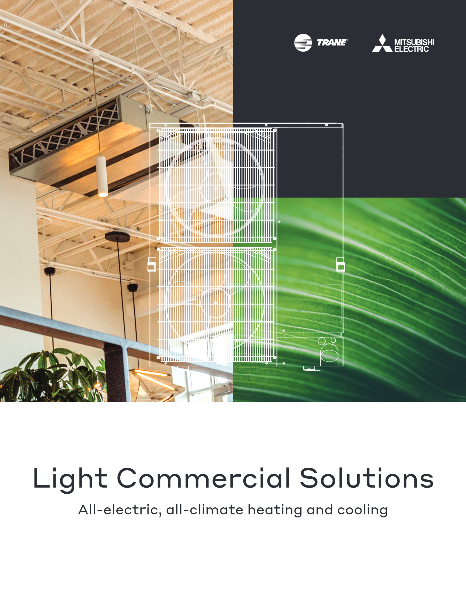 A brochure cover titled "Light Commercial Solutions" featuring HVAC system diagrams, interior ceiling, and green foliage.