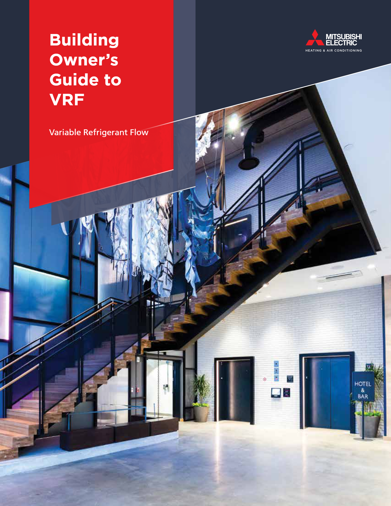 A Mitsubishi Electric document cover titled "Building Owner’s Guide to VRF" showing a modern hotel lobby with a staircase.