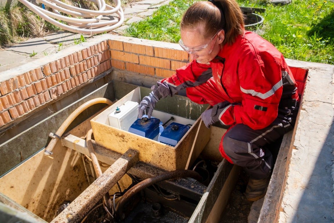 Worker in red coveralls inspecting a water meter in a concrete utility pit