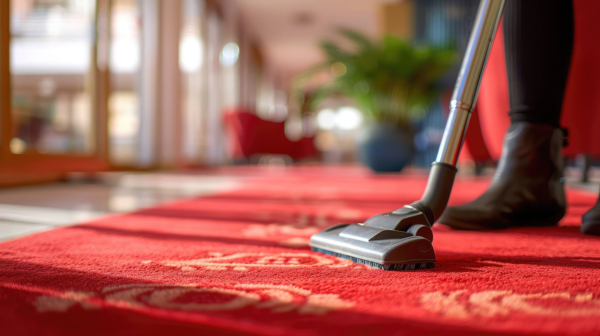 Vacuum cleaner head on red carpet in a hallway, with a person’s boots nearby